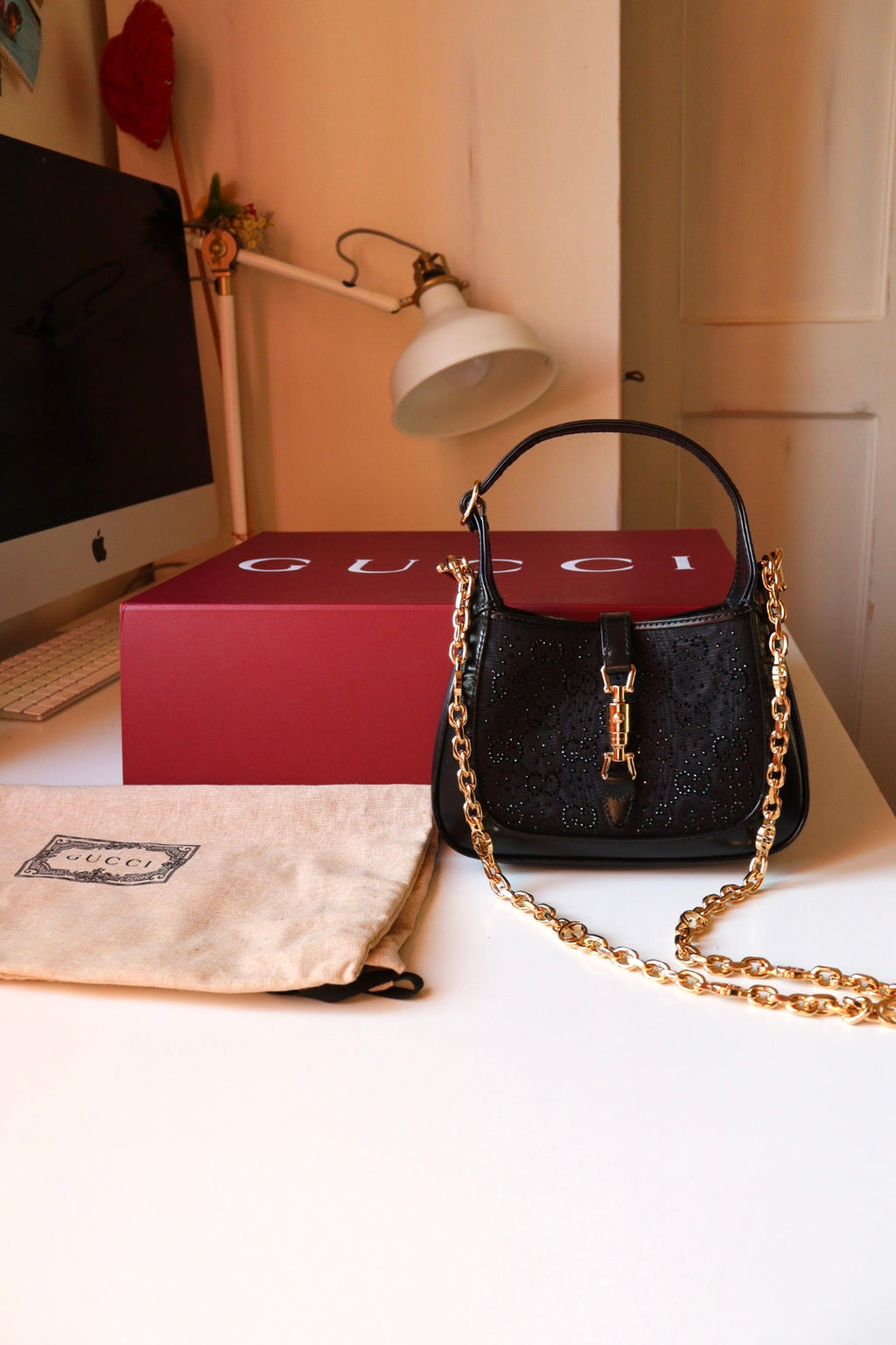 Gucci Jackie mini 1961 Crystal Monogram nera con corredo completo