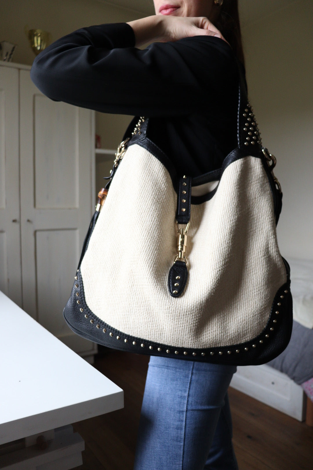 Gucci Jackie Large in rafia e pelle, rara edizione