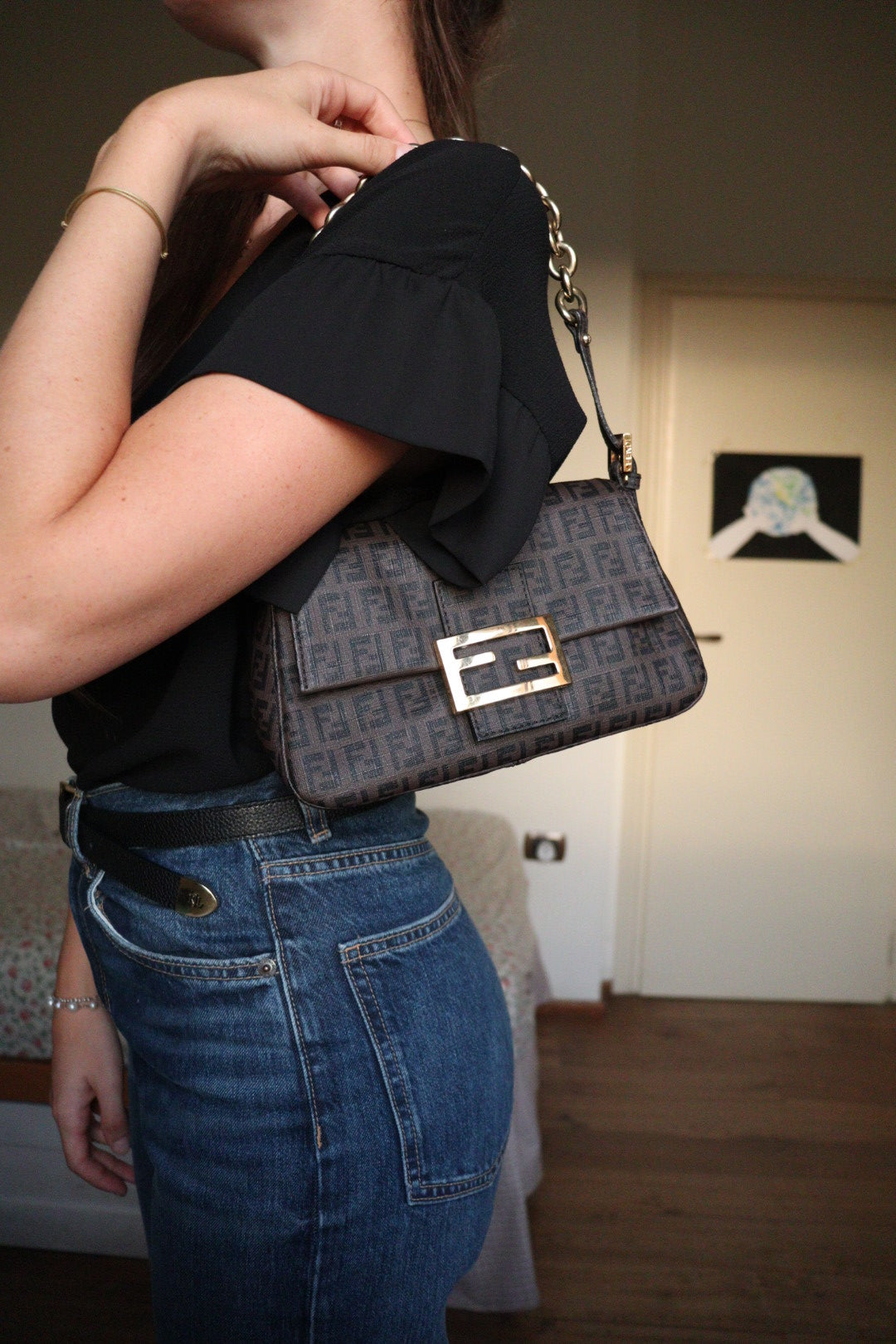 Fendi Mini Mamma Baguette in tela zucchino cerata