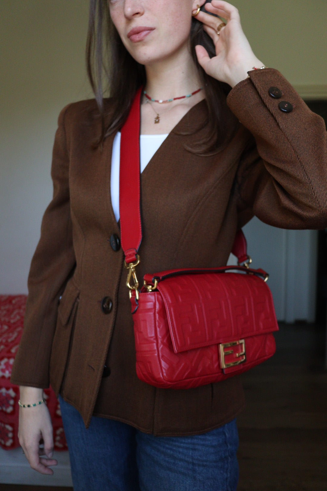 Fendi Baguette FF Embossed color rosso scuro