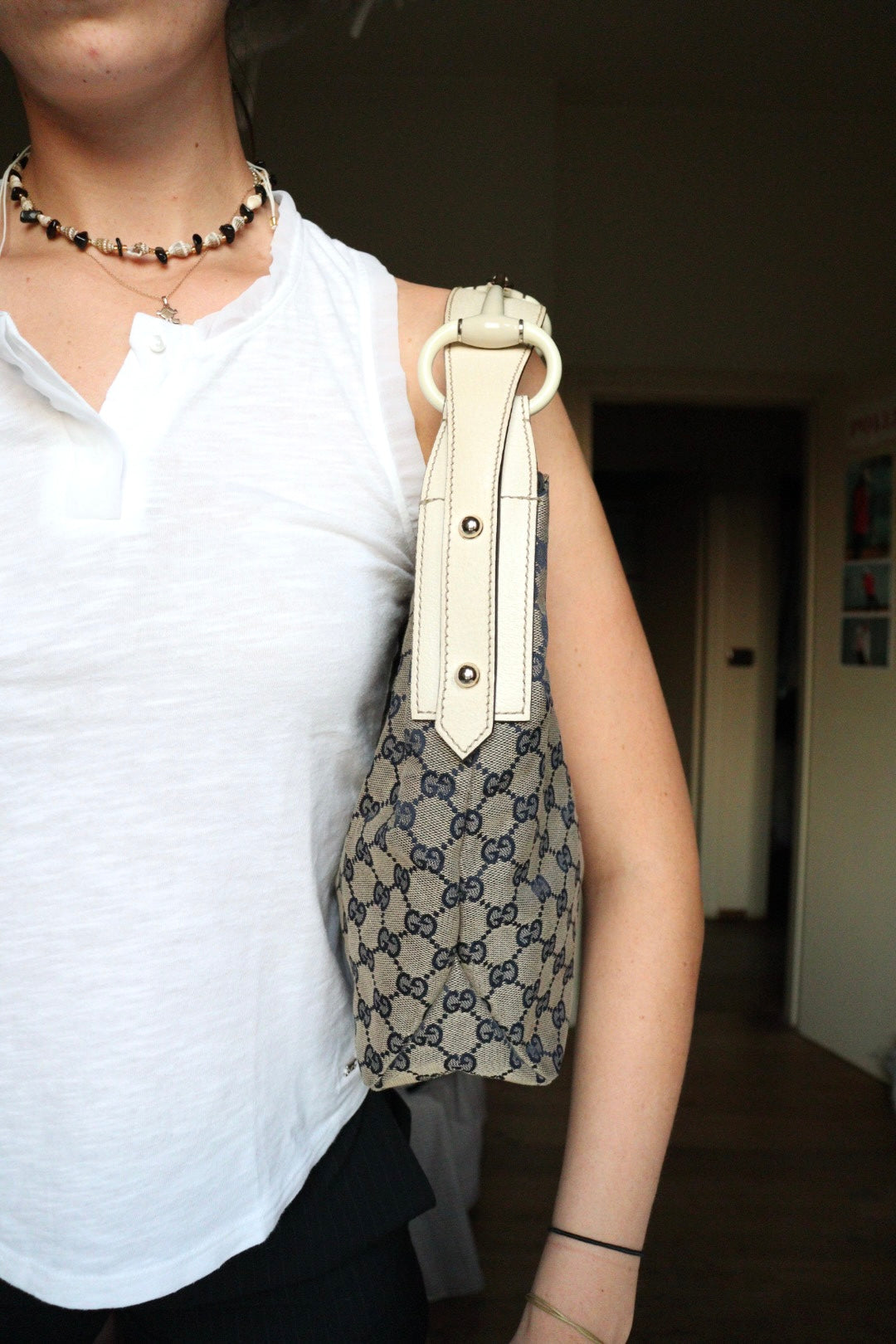 Gucci Hobo Horsebit con rifiniture in pelle chiara e canvas blu navy
