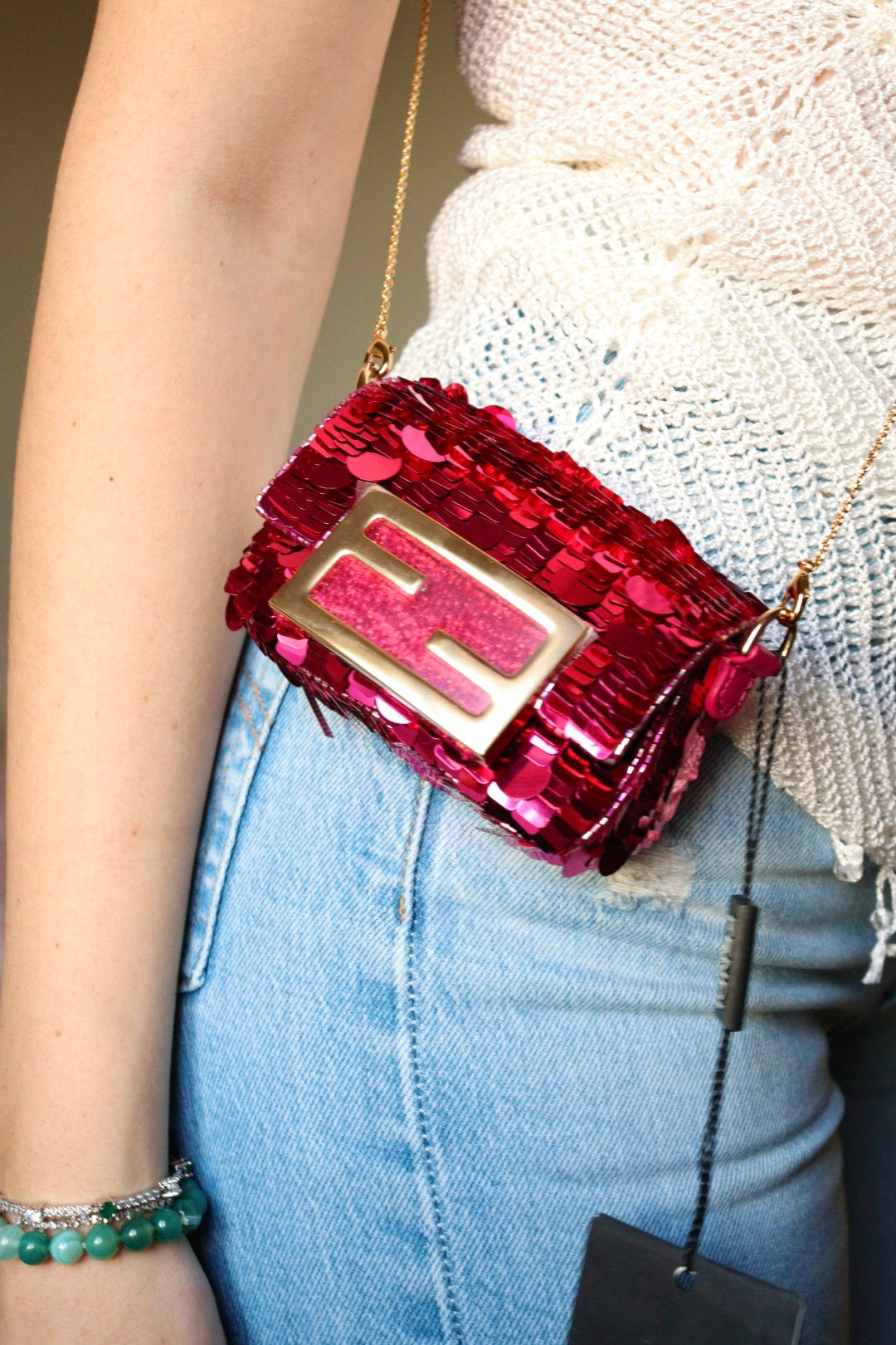 Fendi nano baguette con paillettes fucsia