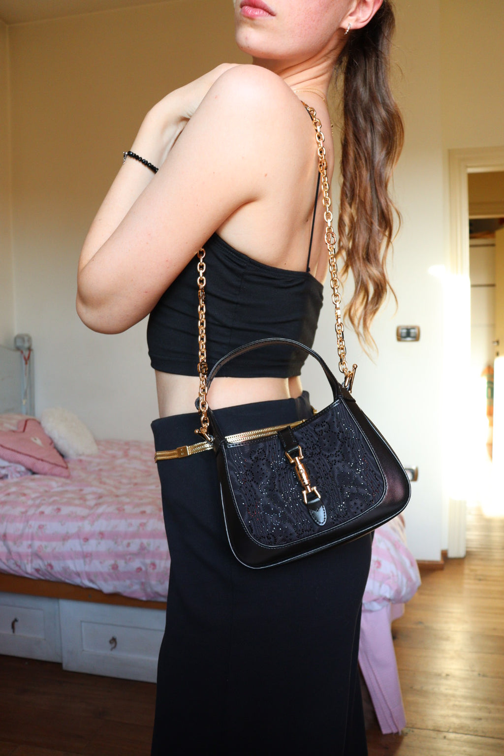 Gucci Jackie mini 1961 Crystal Monogram nera con corredo completo