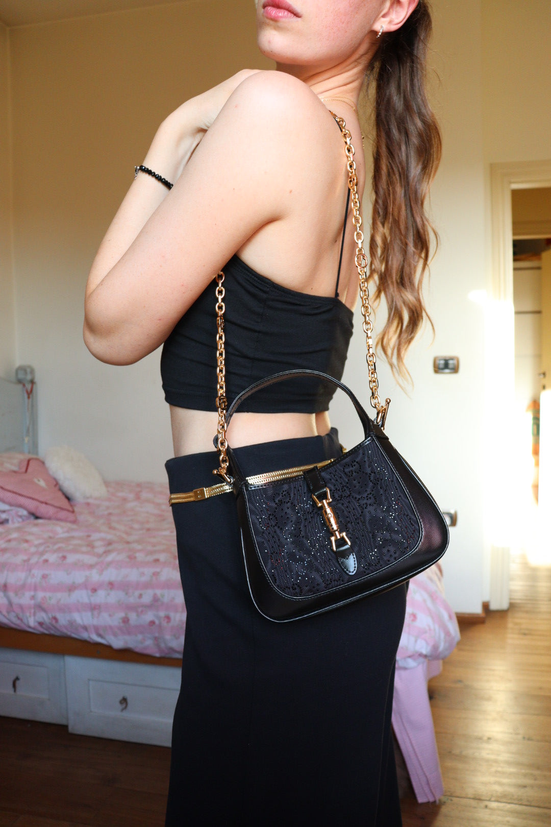 Gucci Jackie mini 1961 Crystal Monogram nera con corredo completo
