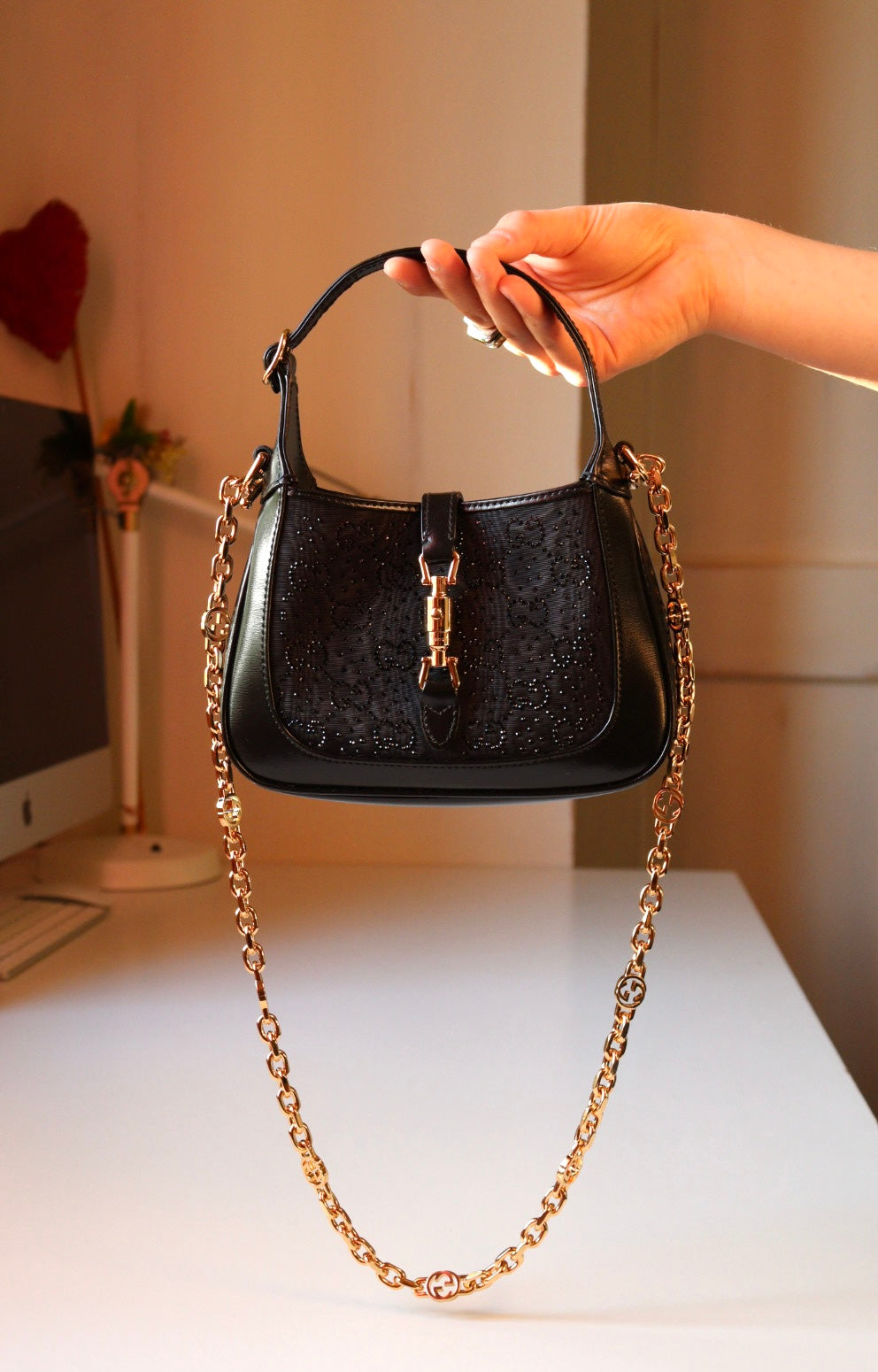 Gucci Jackie mini 1961 Crystal Monogram nera con corredo completo