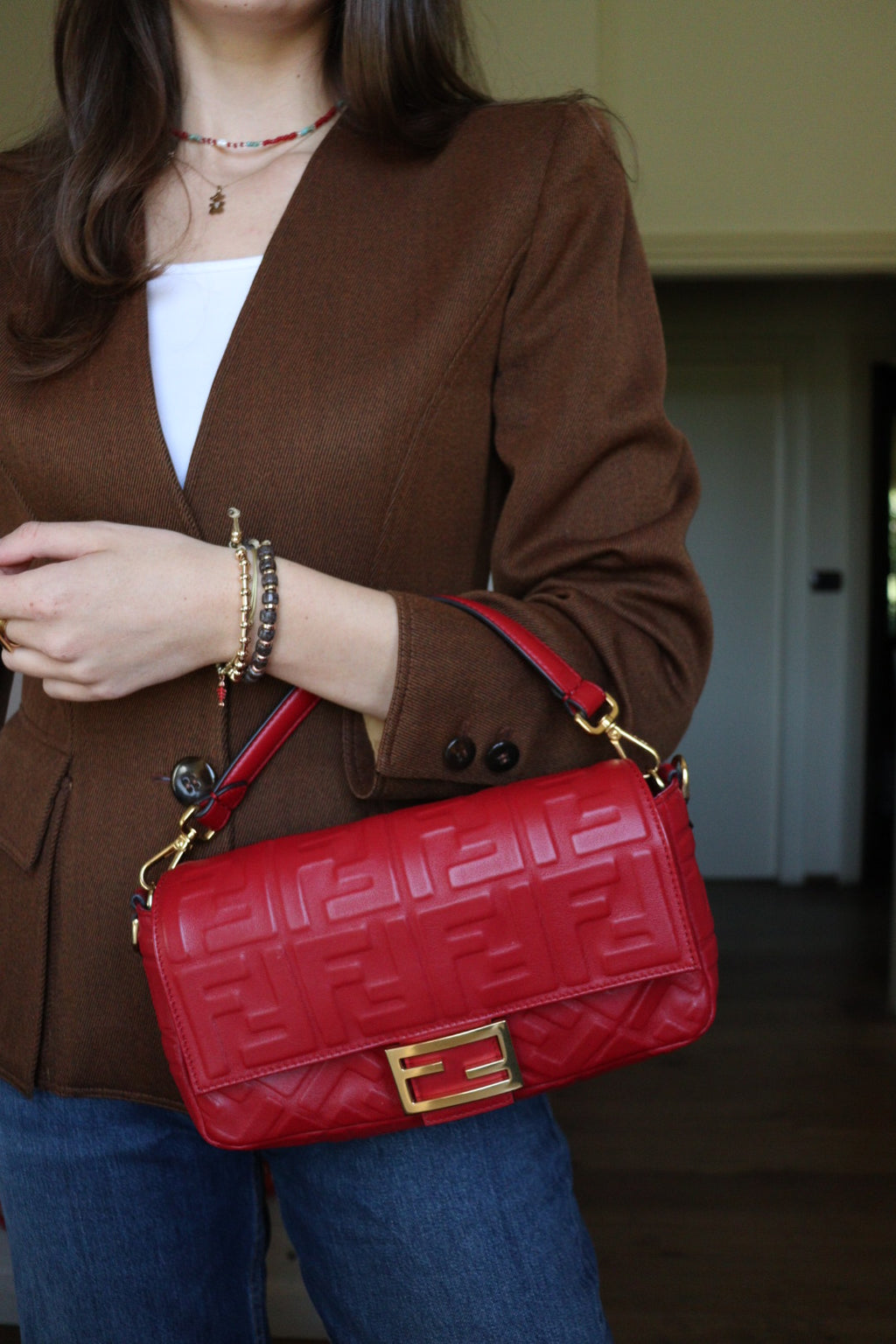 Fendi Baguette FF Embossed color rosso scuro