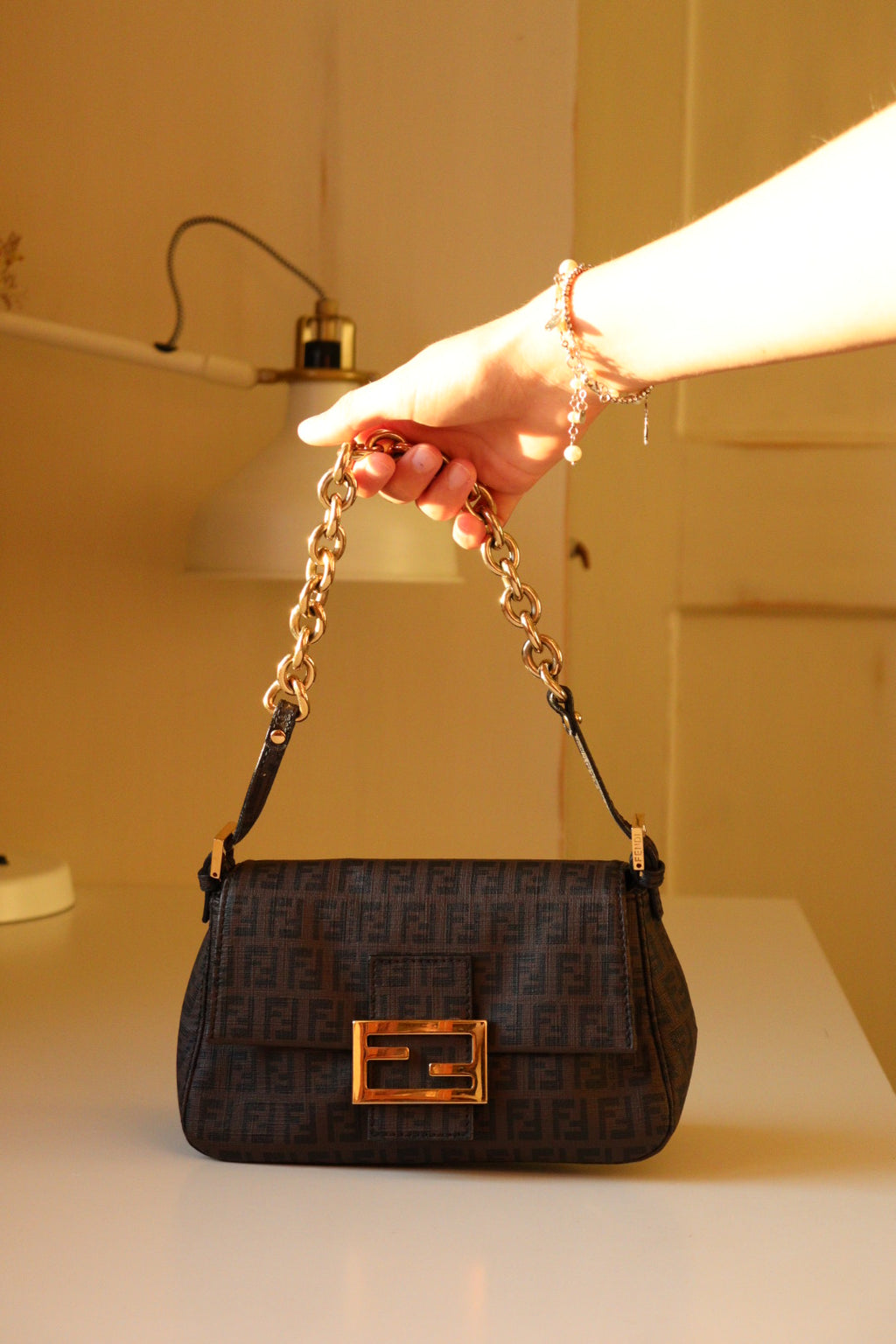Fendi Mini Mamma Baguette in tela zucchino cerata