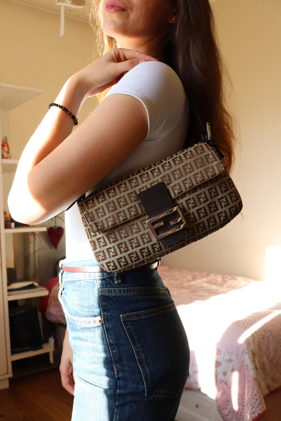 Fendi baguette in tela zucchino beige