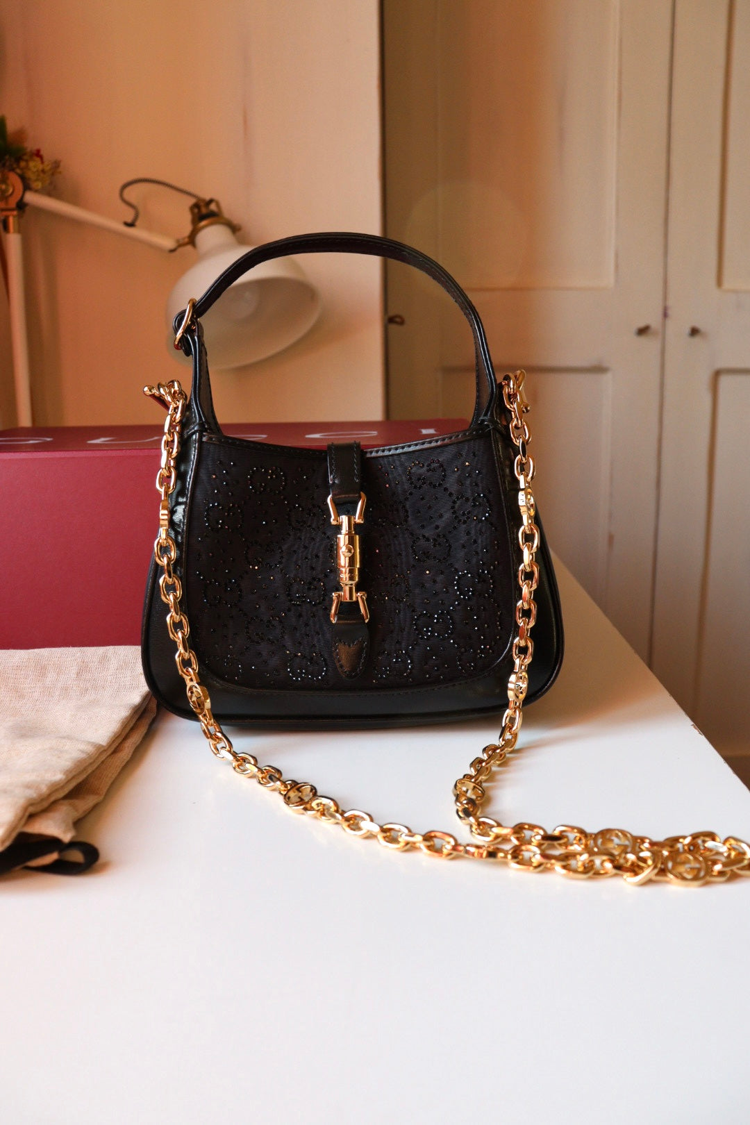 Gucci Jackie mini 1961 Crystal Monogram nera con corredo completo