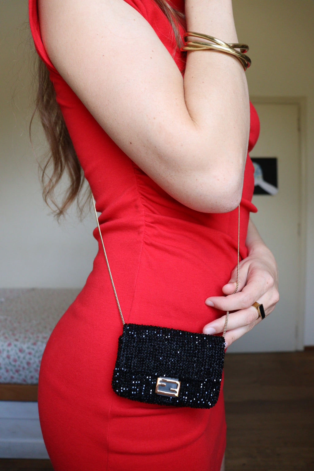 Fendi nano baguette con cristalli neri