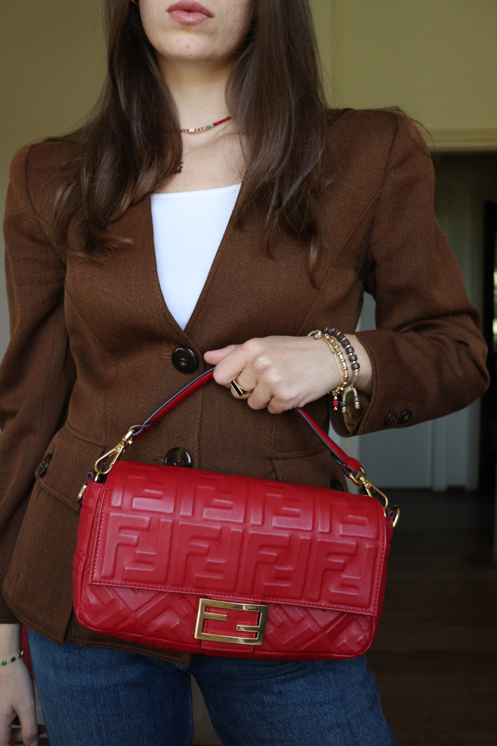 Fendi Baguette FF Embossed color rosso scuro